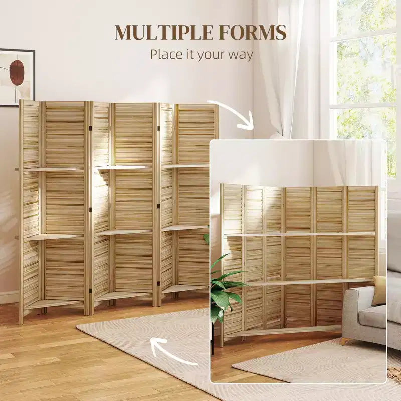 Séparateur de pièce pliant en bois à 6 panneaux et 3 étagères de 170 cm de haut pour chambre à coucher