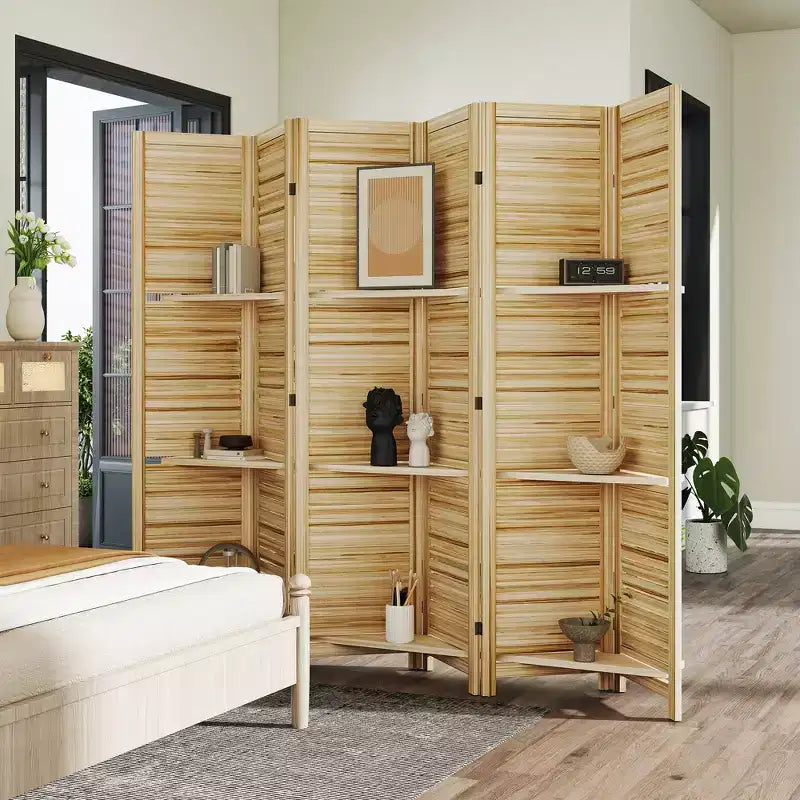 Séparateur de pièce pliant en bois à 6 panneaux et 3 étagères de 170 cm de haut pour chambre à coucher
