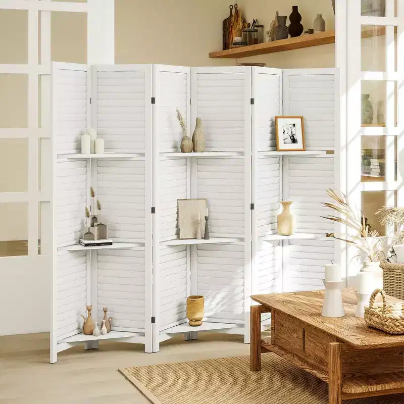 Séparateur de pièce pliant en bois à 6 panneaux et 3 étagères de 170 cm de haut pour chambre à coucher
