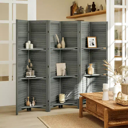 Séparateur de pièce pliant en bois à 6 panneaux et 3 étagères de 170 cm de haut pour chambre à coucher