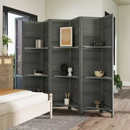 Séparateur de pièce pliant en bois à 6 panneaux et 3 étagères de 170 cm de haut pour chambre à coucher