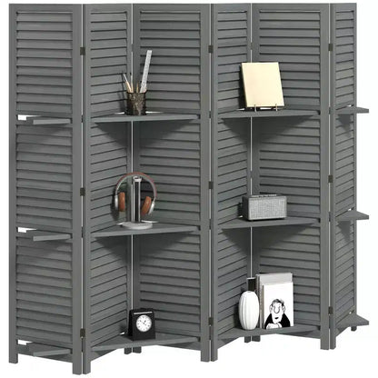 Séparateur de pièce pliant en bois à 6 panneaux et 3 étagères de 170 cm de haut pour chambre à coucher