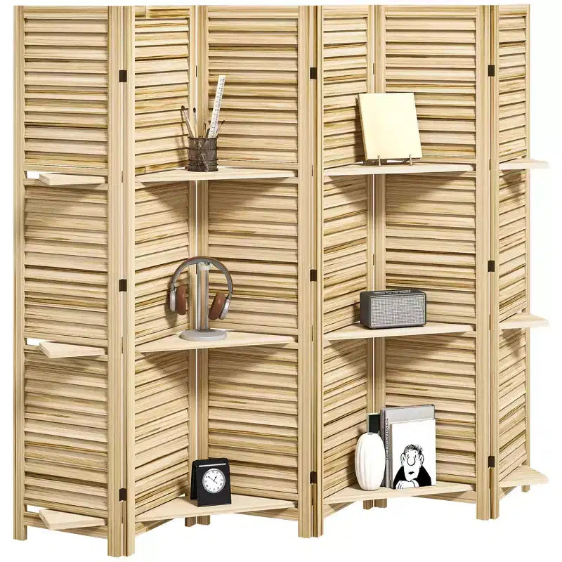 6 Panel 67 Tall Wood Privacy Screen Room Divider with 3 Shelves and Folding Storage for Bedroom