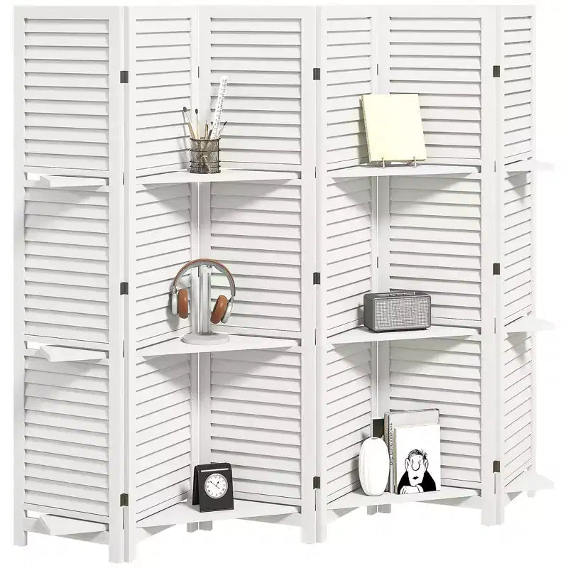 Séparateur de pièce pliant en bois à 6 panneaux et 3 étagères de 170 cm de haut pour chambre à coucher