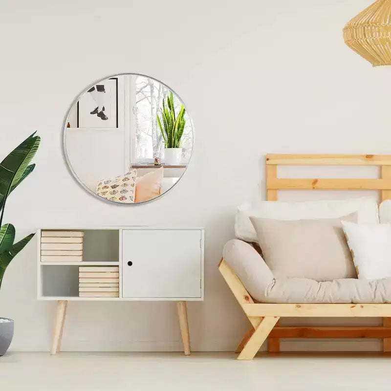 Miroir mural rond de 32 pouces avec cadre en aluminium, verre trempé, pour salle de bain et chambre à coucher