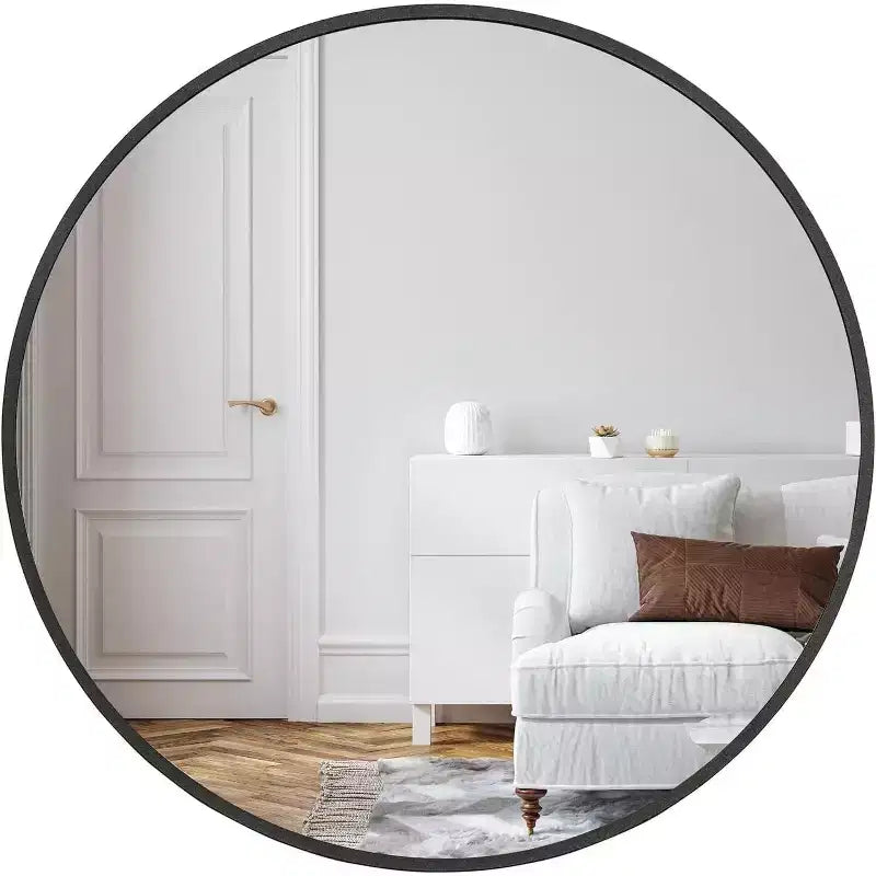 Miroir mural rond de 32 pouces avec cadre en aluminium, verre trempé, pour salle de bain et chambre à coucher