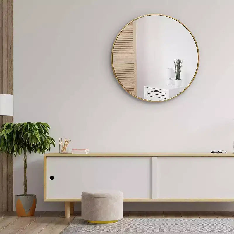 Miroir mural rond de 32 pouces avec cadre en aluminium, verre trempé, pour salle de bain et chambre à coucher