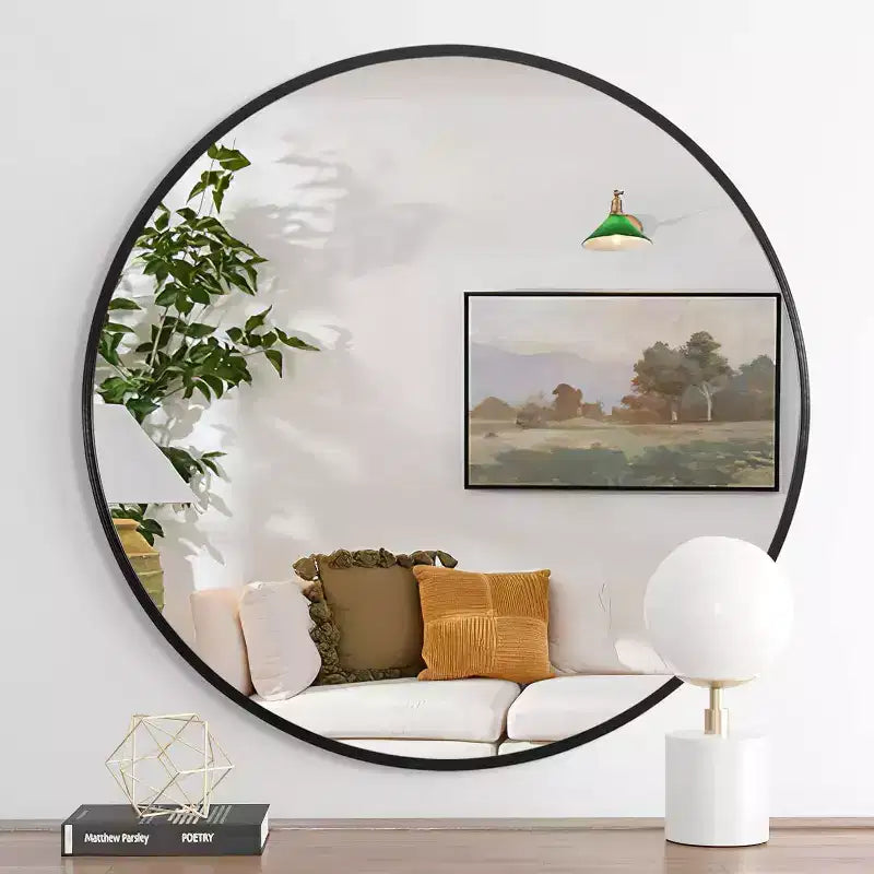 Miroir mural rond de 32 pouces avec cadre en aluminium, verre trempé, pour salle de bain et chambre à coucher