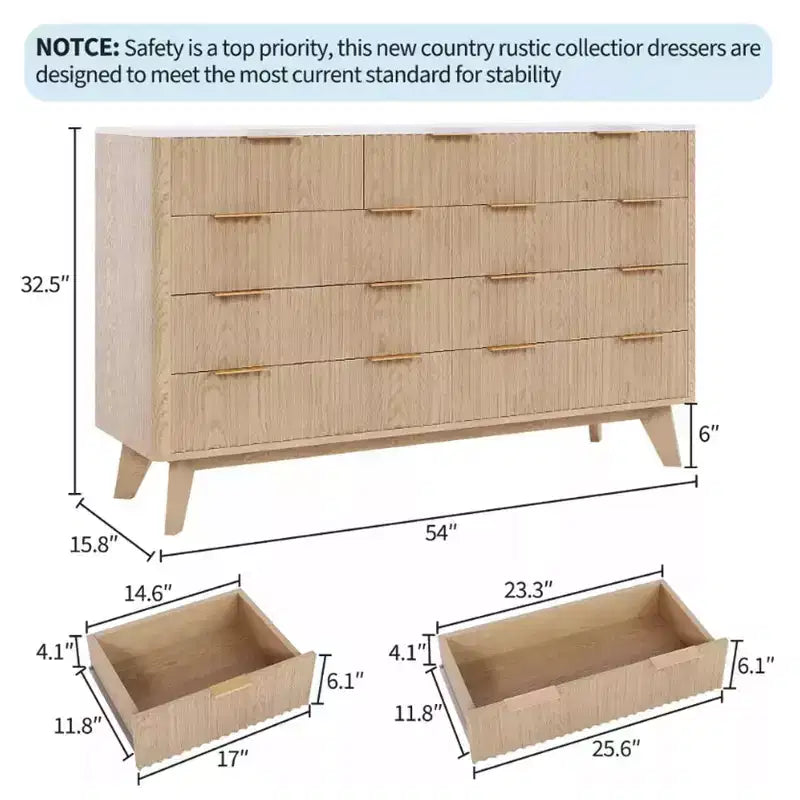 Commode de 137 cm de large à 9 tiroirs, coffre en bois avec motif d'onde cannelée, poignées métalliques, commode TV moderne pour chambre à coucher, salon
