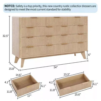 Commode de 137 cm de large à 9 tiroirs, coffre en bois avec motif d'onde cannelée, poignées métalliques, commode TV moderne pour chambre à coucher, salon
