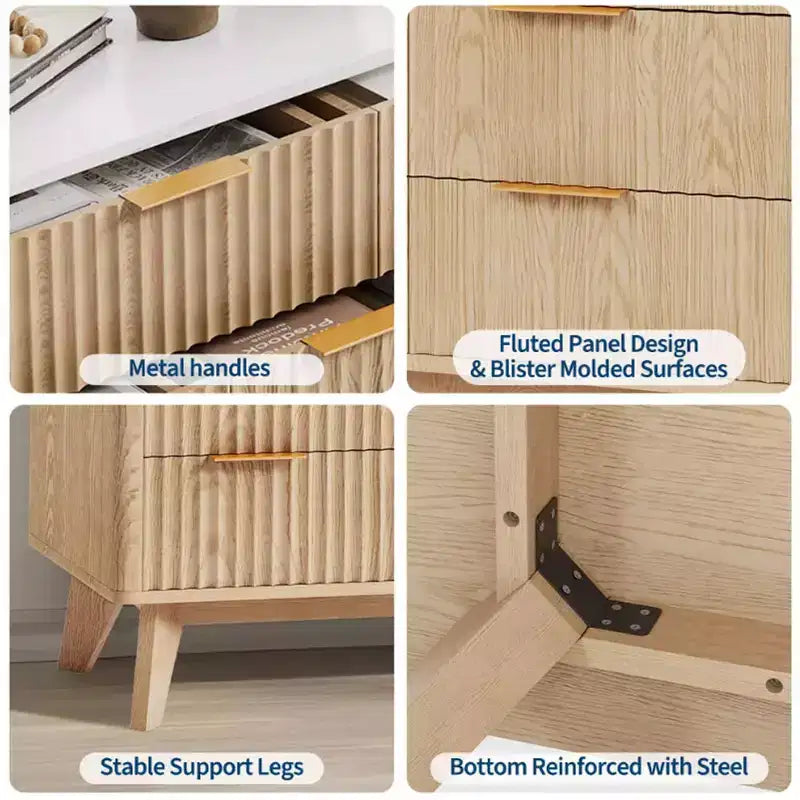 Commode de 137 cm de large à 9 tiroirs, coffre en bois avec motif d'onde cannelée, poignées métalliques, commode TV moderne pour chambre à coucher, salon
