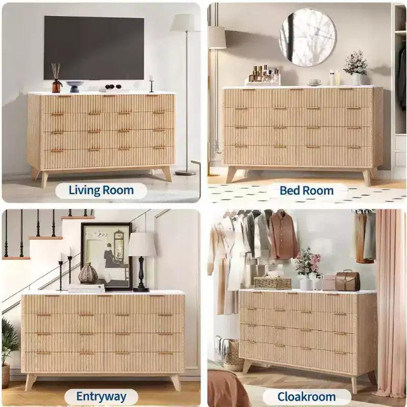Commode de 137 cm de large à 9 tiroirs, coffre en bois avec motif d'onde cannelée, poignées métalliques, commode TV moderne pour chambre à coucher, salon