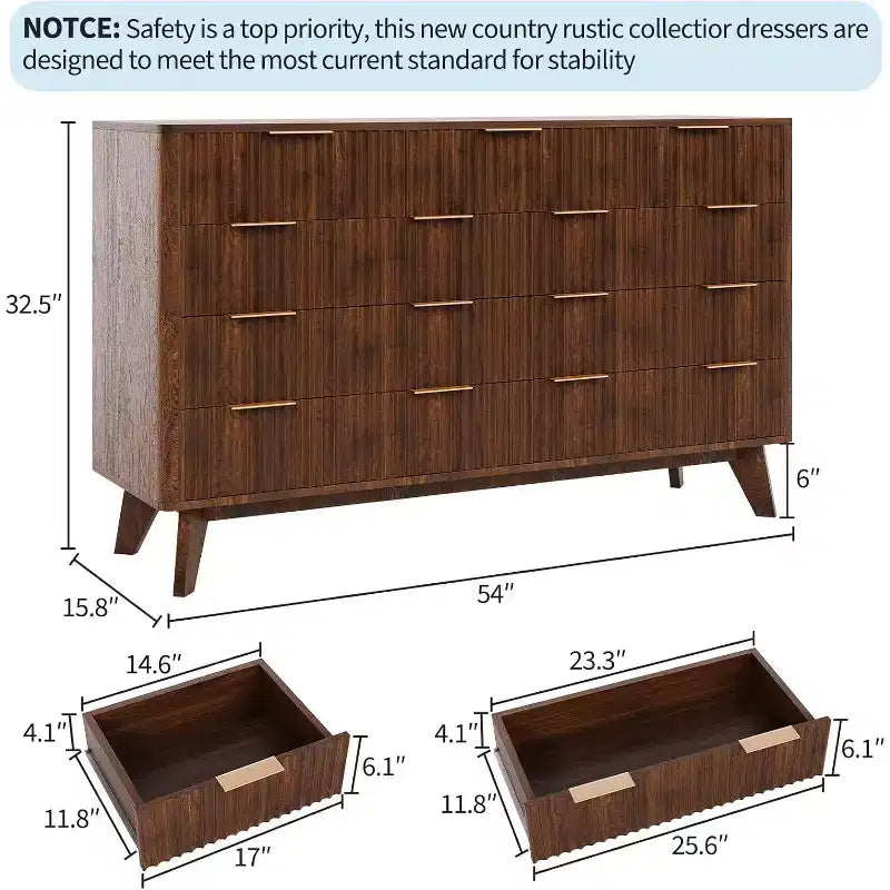 Commode de 137 cm de large à 9 tiroirs, coffre en bois avec motif d'onde cannelée, poignées métalliques, commode TV moderne pour chambre à coucher, salon