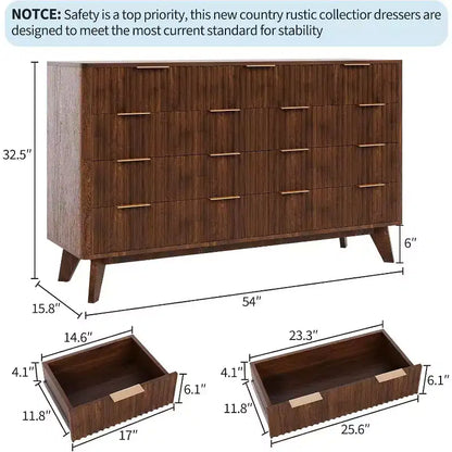 Commode de 137 cm de large à 9 tiroirs, coffre en bois avec motif d'onde cannelée, poignées métalliques, commode TV moderne pour chambre à coucher, salon