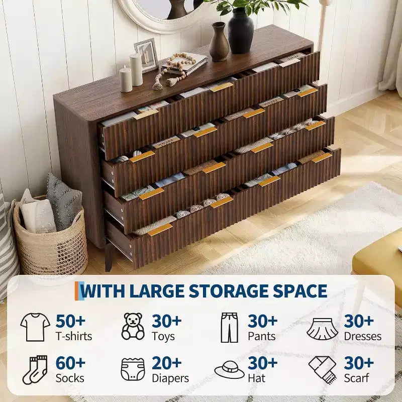 Commode de 137 cm de large à 9 tiroirs, coffre en bois avec motif d'onde cannelée, poignées métalliques, commode TV moderne pour chambre à coucher, salon