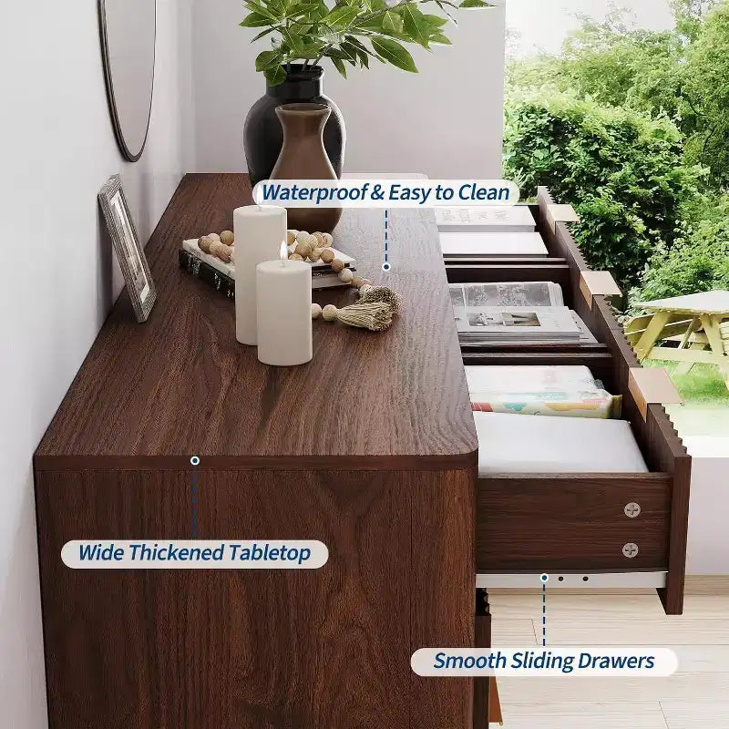 Commode de 137 cm de large à 9 tiroirs, coffre en bois avec motif d'onde cannelée, poignées métalliques, commode TV moderne pour chambre à coucher, salon