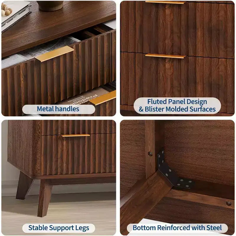 Commode de 137 cm de large à 9 tiroirs, coffre en bois avec motif d'onde cannelée, poignées métalliques, commode TV moderne pour chambre à coucher, salon