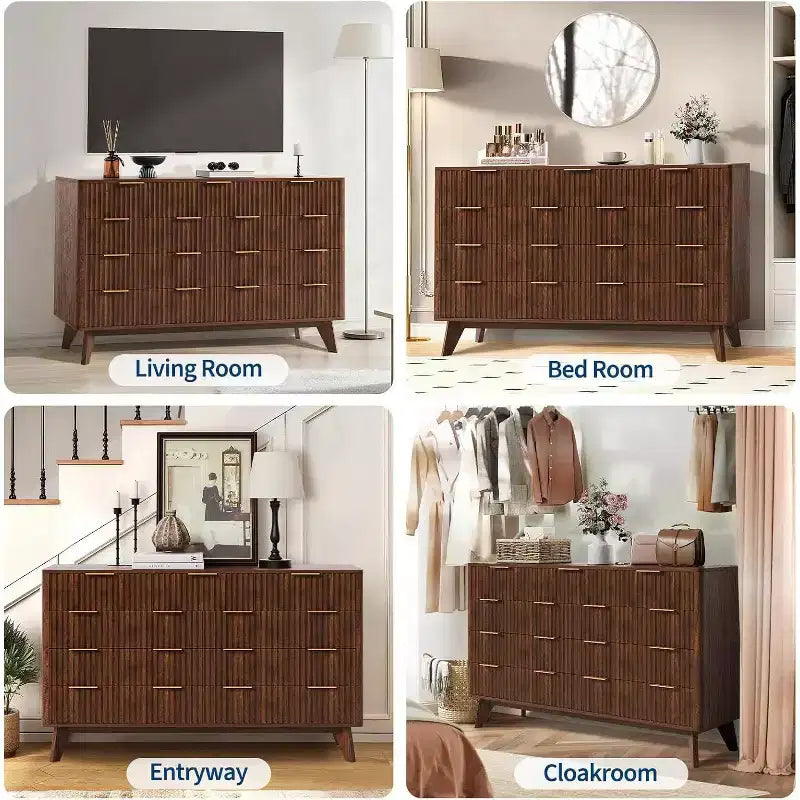 Commode de 137 cm de large à 9 tiroirs, coffre en bois avec motif d'onde cannelée, poignées métalliques, commode TV moderne pour chambre à coucher, salon