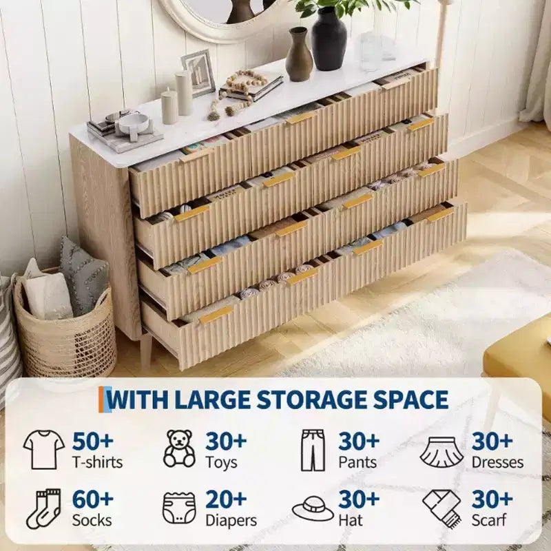 Commode de 137 cm de large à 9 tiroirs, coffre en bois avec motif d'onde cannelée, poignées métalliques, commode TV moderne pour chambre à coucher, salon