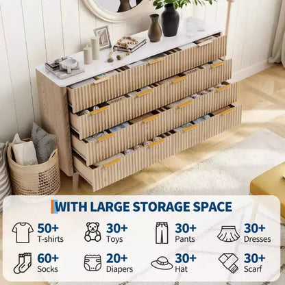 Commode de 137 cm de large à 9 tiroirs, coffre en bois avec motif d'onde cannelée, poignées métalliques, commode TV moderne pour chambre à coucher, salon