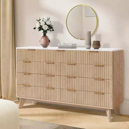 Commode de 137 cm de large à 9 tiroirs, coffre en bois avec motif d'onde cannelée, poignées métalliques, commode TV moderne pour chambre à coucher, salon