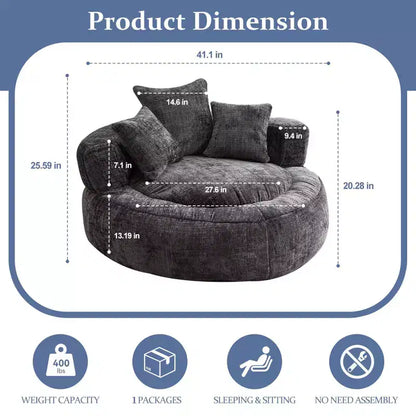 Fauteuil poire rond surdimensionné en mousse de chenille avec accoudoirs et 3 oreillers, noir, pour adultes et adolescents