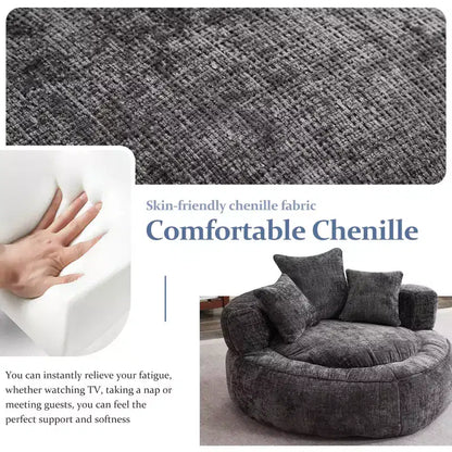 Fauteuil poire rond surdimensionné en mousse de chenille avec accoudoirs et 3 oreillers, noir, pour adultes et adolescents