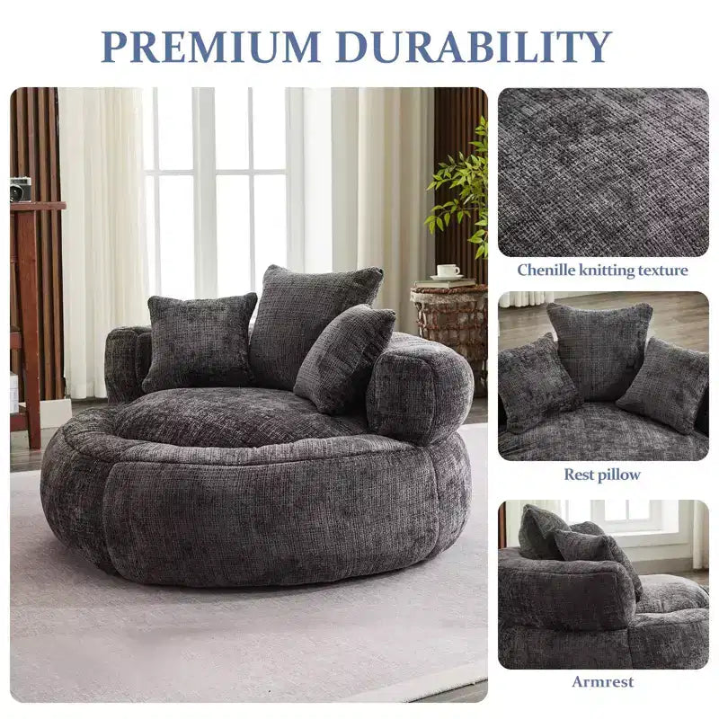 Fauteuil poire rond surdimensionné en mousse de chenille avec accoudoirs et 3 oreillers, noir, pour adultes et adolescents