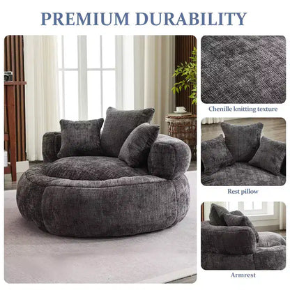 Fauteuil poire rond surdimensionné en mousse de chenille avec accoudoirs et 3 oreillers, noir, pour adultes et adolescents
