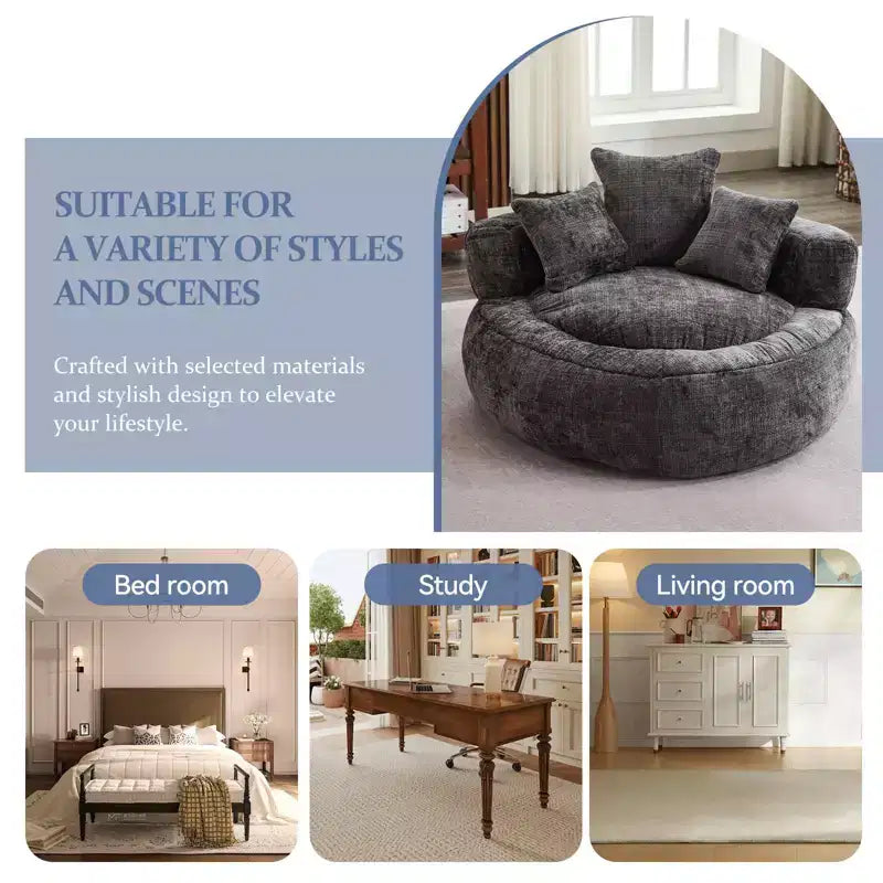 Fauteuil poire rond surdimensionné en mousse de chenille avec accoudoirs et 3 oreillers, noir, pour adultes et adolescents