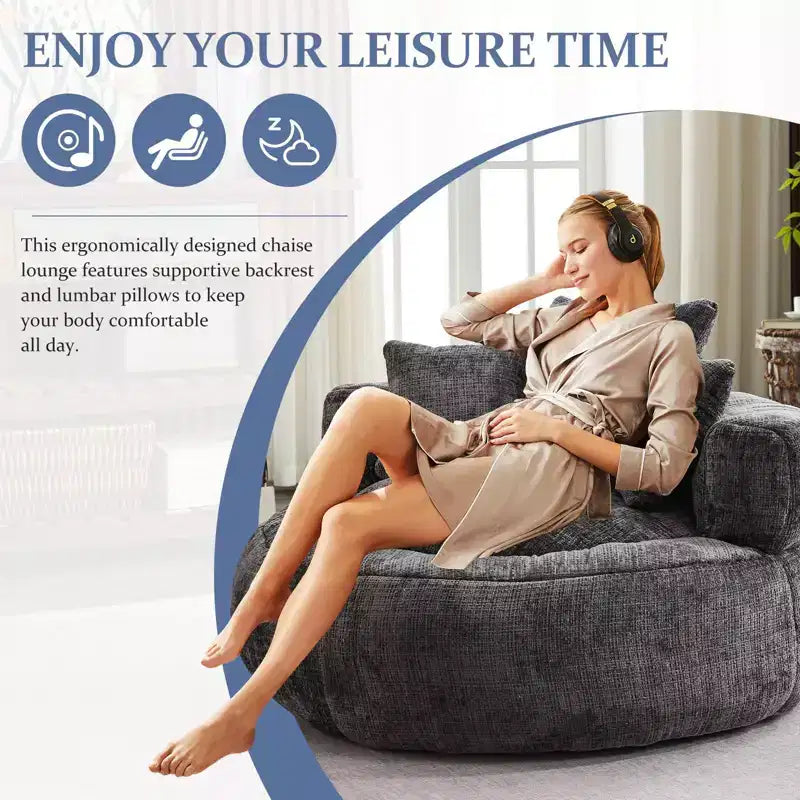 Fauteuil poire rond surdimensionné en mousse de chenille avec accoudoirs et 3 oreillers, noir, pour adultes et adolescents