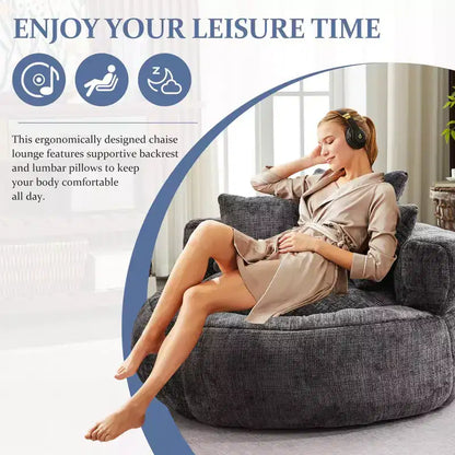 Fauteuil poire rond surdimensionné en mousse de chenille avec accoudoirs et 3 oreillers, noir, pour adultes et adolescents