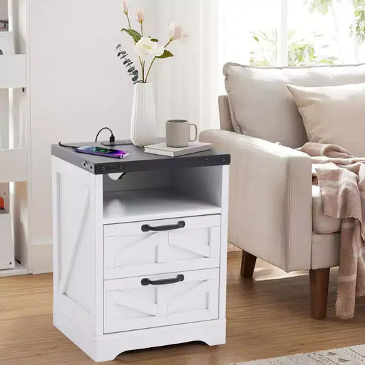 Modern Farmhouse Nightstand with USB Charging Hub - 2 Drawers Industrial White Bedside Table, Stylish Compact End Table with Storage & Charging Ports