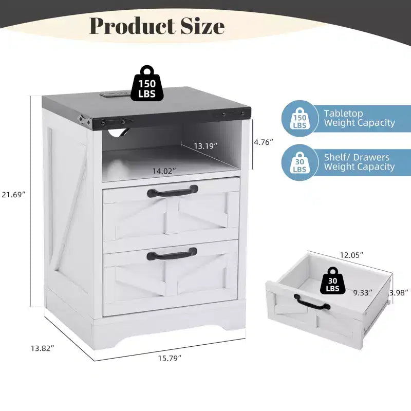 Table de chevet moderne de style ferme avec hub de recharge USB - Table de chevet industrielle blanche à 2 tiroirs, élégante table d'appoint compacte avec rangement et ports de charge