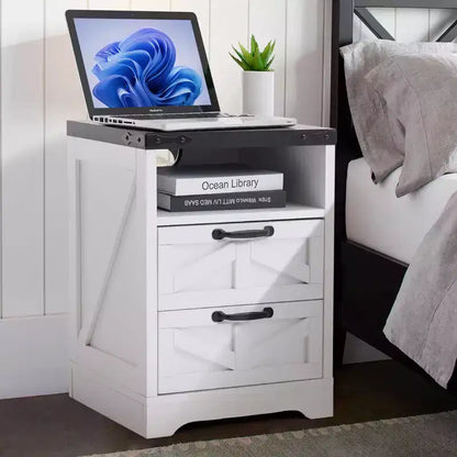 Table de chevet moderne de style ferme avec hub de recharge USB - Table de chevet industrielle blanche à 2 tiroirs, élégante table d'appoint compacte avec rangement et ports de charge