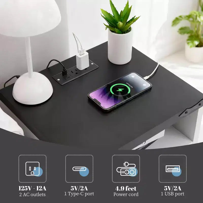 Table de chevet moderne de style ferme avec hub de recharge USB - Table de chevet industrielle blanche à 2 tiroirs, élégante table d'appoint compacte avec rangement et ports de charge