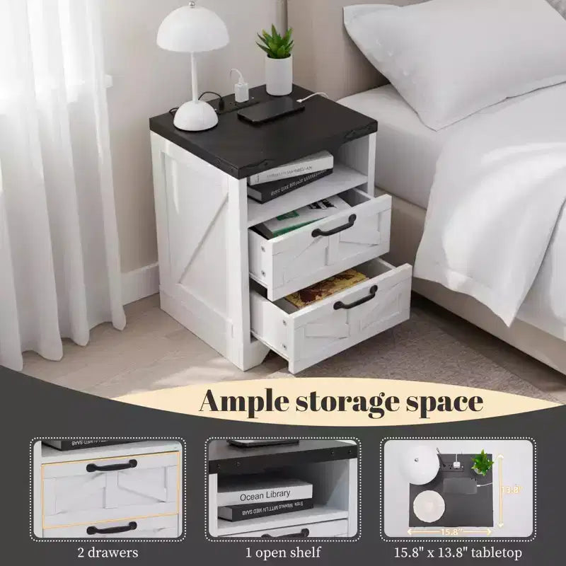 Table de chevet moderne de style ferme avec hub de recharge USB - Table de chevet industrielle blanche à 2 tiroirs, élégante table d'appoint compacte avec rangement et ports de charge