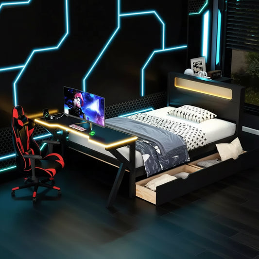 Whisen Twin Wooden Gaming Platform Bed & Bed Frame with Headboard, Desk and Two Storage Drawers