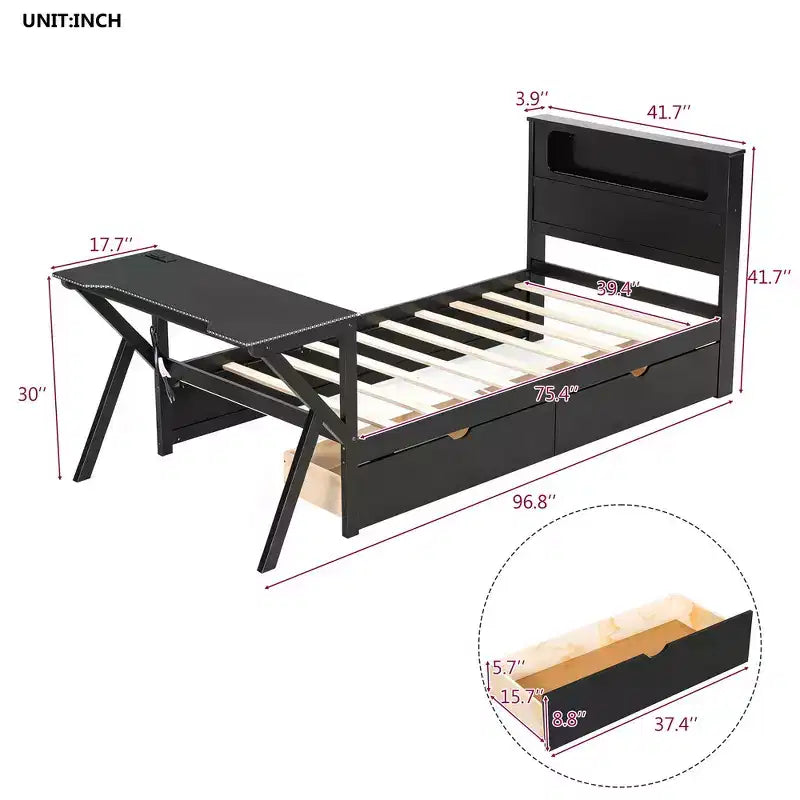 Lit plateforme jumeau avec bureau