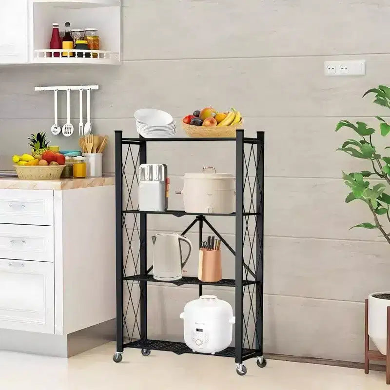 4 Tier Foldable Storage Shelf with Wheels Heavy Duty Metal Steel Black Kitchen Pantry Office Rolling Utility Rack Loads 600 LBS