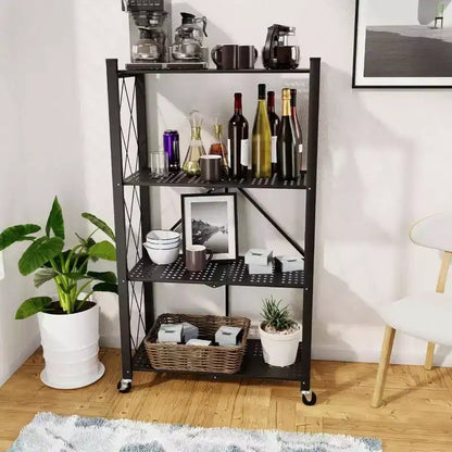 Étagère de rangement pliable à 4 niveaux avec roulettes, en acier métallique robuste, noire, pour cuisine, cellier, bureau, charge 272 kg