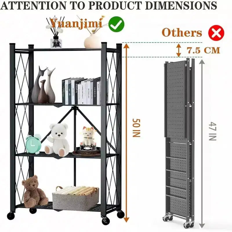 Étagère de rangement pliable à 4 niveaux avec roulettes, en acier métallique robuste, noire, pour cuisine, cellier, bureau, charge 272 kg