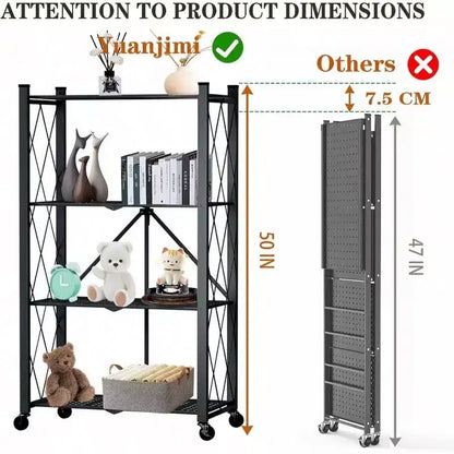 Étagère de rangement pliable à 4 niveaux avec roulettes, en acier métallique robuste, noire, pour cuisine, cellier, bureau, charge 272 kg