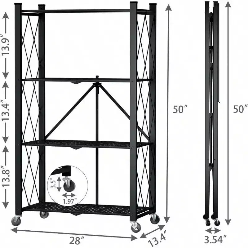 Étagère de rangement pliable à 4 niveaux avec roulettes, en acier métallique robuste, noire, pour cuisine, cellier, bureau, charge 272 kg