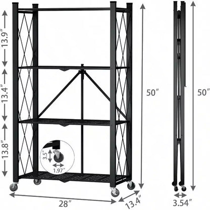 Étagère de rangement pliable à 4 niveaux avec roulettes, en acier métallique robuste, noire, pour cuisine, cellier, bureau, charge 272 kg
