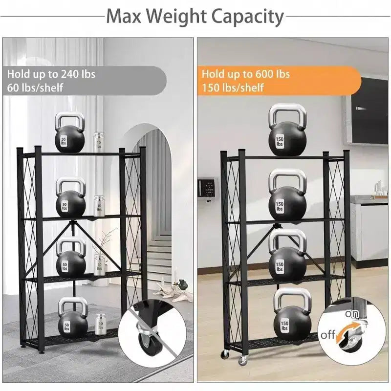 Étagère de rangement pliable à 4 niveaux avec roulettes, en acier métallique robuste, noire, pour cuisine, cellier, bureau, charge 272 kg