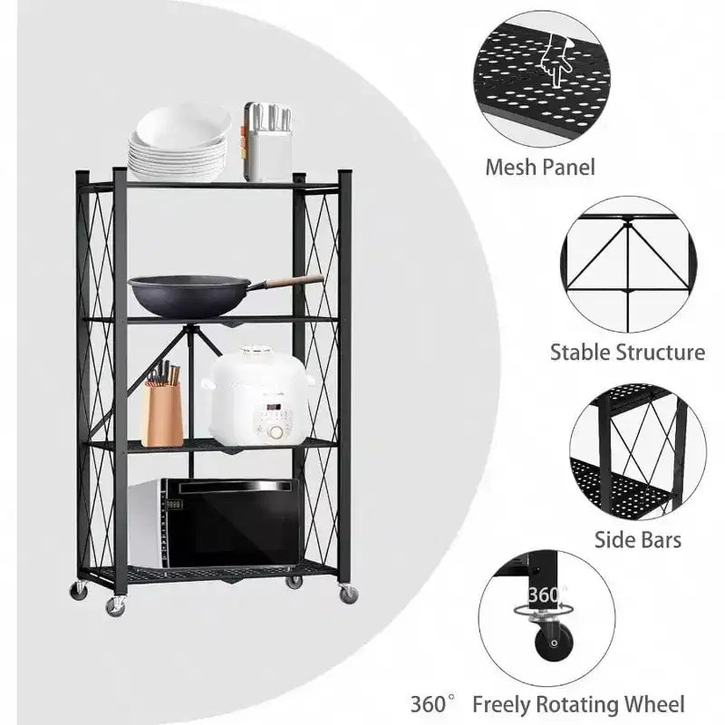 Étagère de rangement pliable à 4 niveaux avec roulettes, en acier métallique robuste, noire, pour cuisine, cellier, bureau, charge 272 kg