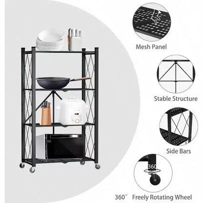 Étagère de rangement pliable à 4 niveaux avec roulettes, en acier métallique robuste, noire, pour cuisine, cellier, bureau, charge 272 kg