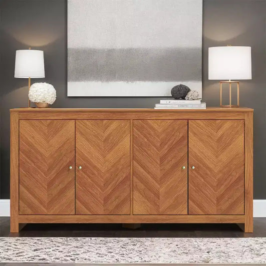 Galano Chevron 4-Door Storage Sideboard in Amber Walnut 58.4 W  15.7 D  30 H
