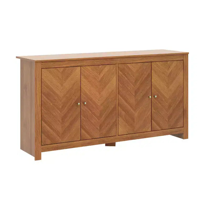Bahut de rangement à 4 portes Chevron en Noyer Ambre, étagères réglables, 58,4"L x 15,7"P x 30"H